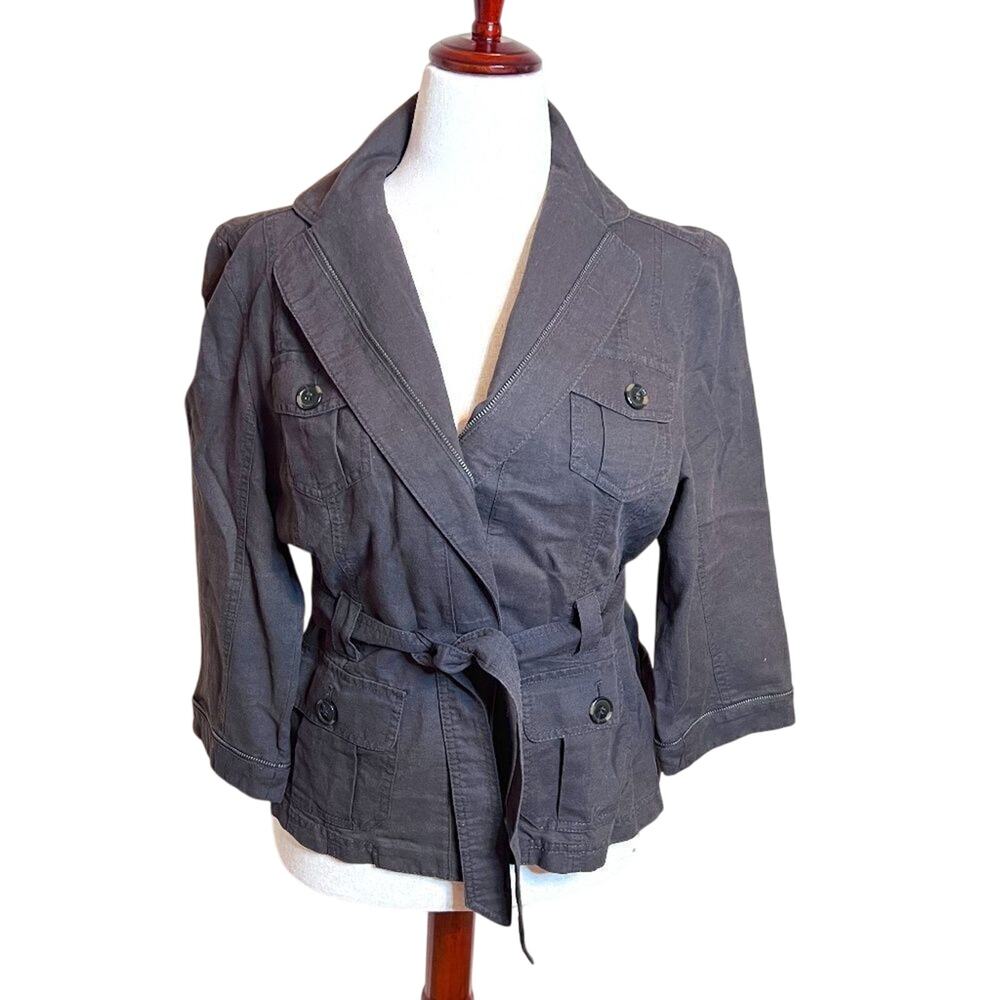 Ann Taylor jacket brown linen cotton zipper trim self tie belt 3/4 sleeve  Sz L